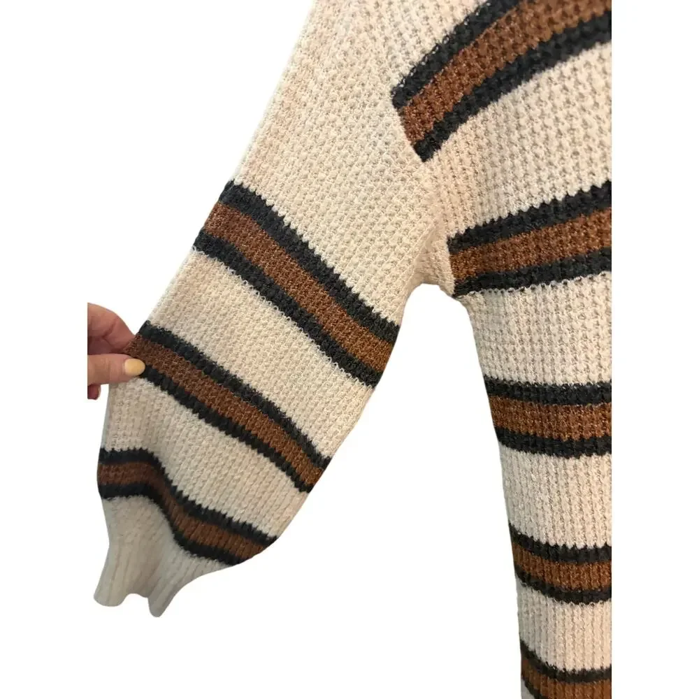 American Eagle Waffle Knit Sweater XS Cream Brown Stripe Oversized Cozy Pullover